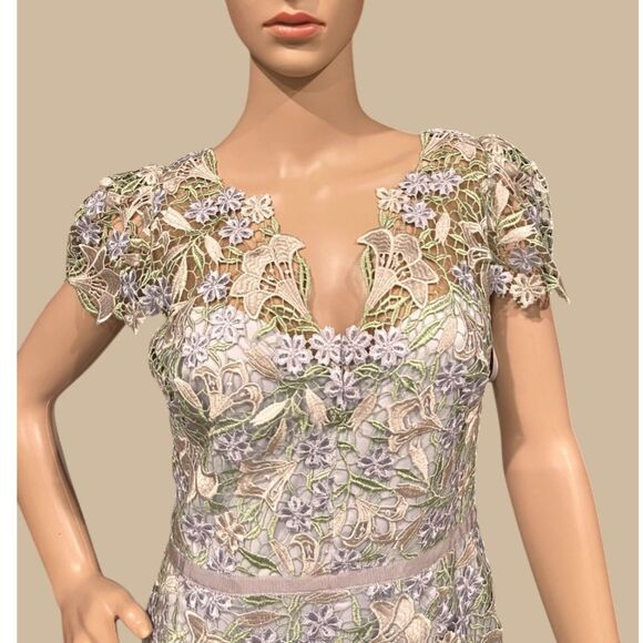 Marchesa Notte Ice Bell Bloom Sheath Crochet Overlay Dress Muted Blue Sz 8 - Picture 3 of 10